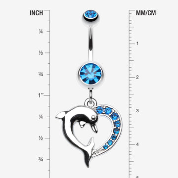 Detail View 1 of Enchanting Heart Dolphin Belly Button Ring-Capri Blue